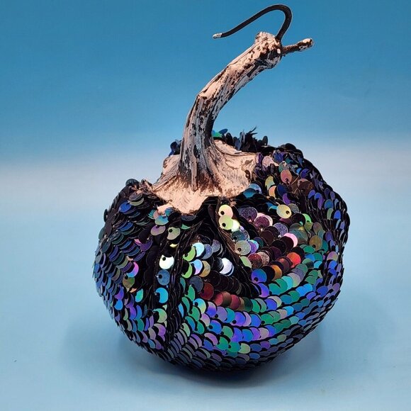 Blue Pumpkins Sequin Iridescent Fabric Gothic Halloween Decor Silver Stems 3 PC - Picture 7 of 10